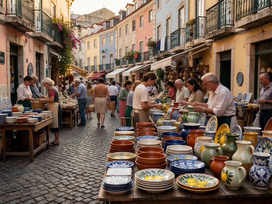 Antique and artisan open air bazaar on cobblestone streets in Lisbon with handmade ceramics