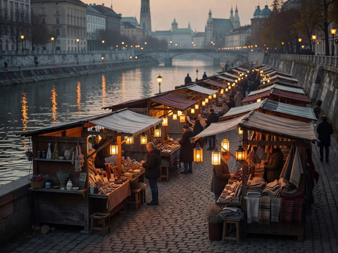 Atmospheric open air riverside market stalls along the Danube Canal in Vienna illuminated by lanterns