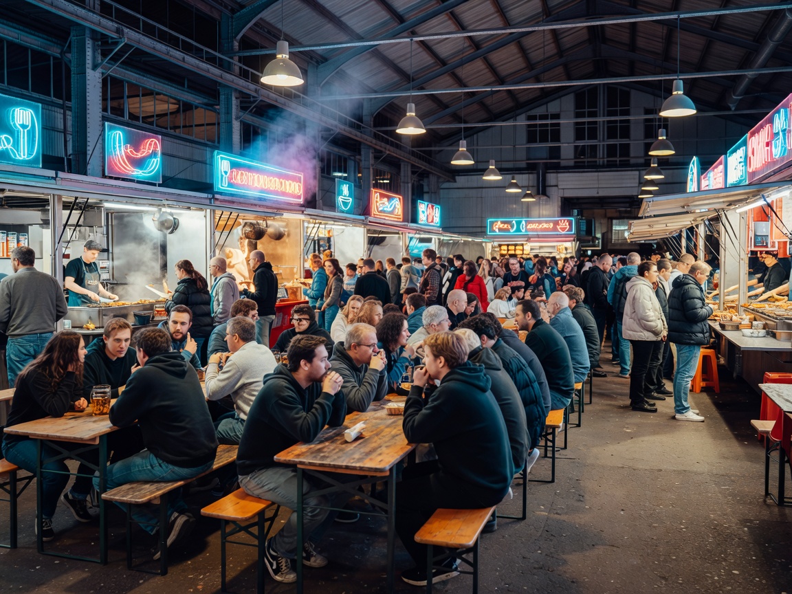 Bustling indoor night food market Markthalle Neun in Berlin Kreuzberg with communal wooden tables and neon signs