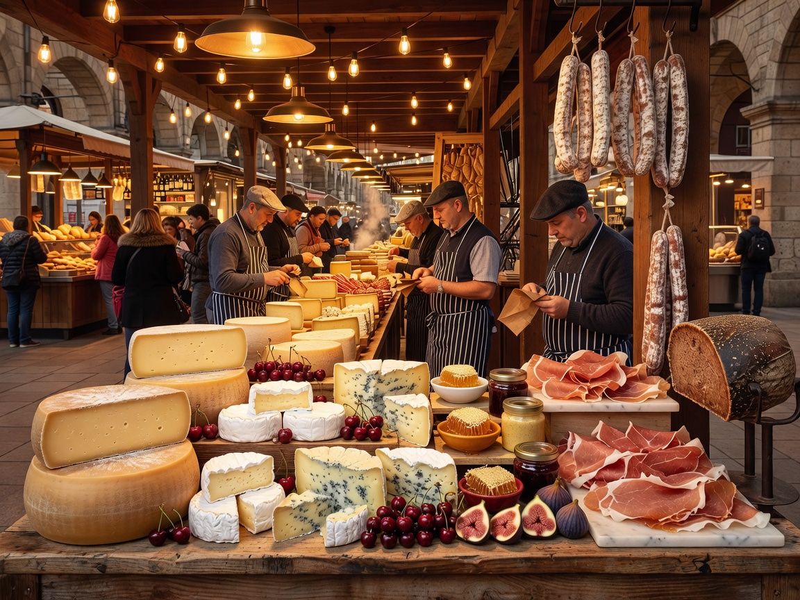 Gourmet French cheese and charcuterie market in Lyon with warm amber illumination