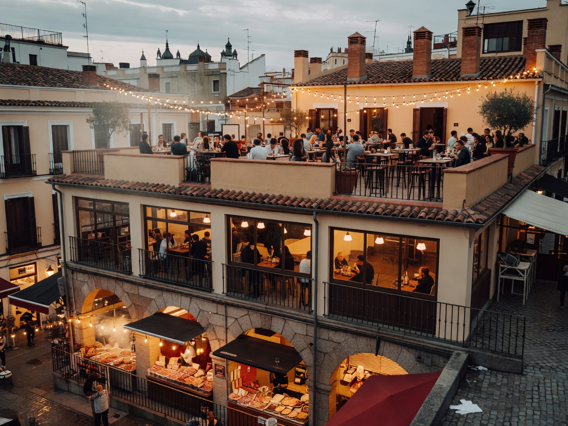 Multilevel urban tapas market in Madrid with rooftop terrace and string lighting