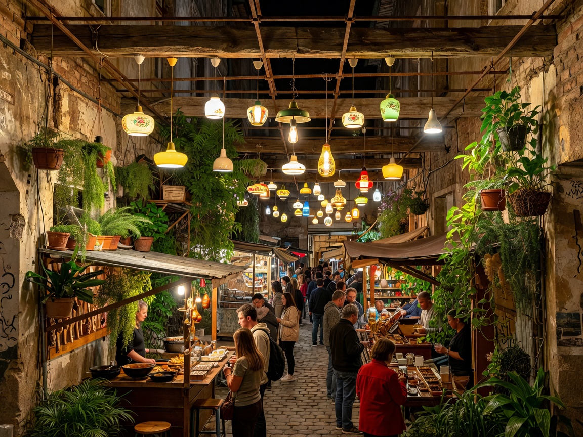 Ruin bar night market with hanging retro lamps and plants in Budapest Jewish Quarter